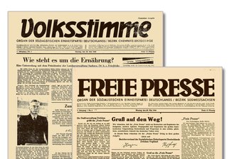 „Freie Presse“ und „Volksstimme“: Zwei Gesichter einer Zeitung - Die beiden Titelseiten der Erstausgaben der „Freien Presse“ Zwickau und der „Volksstimme“ Chemnitz.