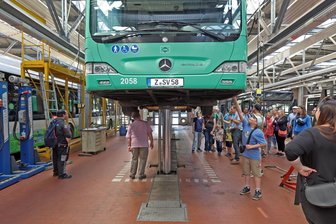 100 Jahre Bus bei Verkehrsbetrieben Zwickau: Führungen geben Blick hinter die Kulissen - Bei der Führung durch die Werkstatt zum Tag der offenen Tür im Busbetriebshof an der Bürgerschachtstraße bekommen Besucher mal einen ungewöhnlichen Blick unter das Fahrzeug.