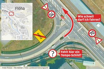 Ein Ampel-Abzweig in Flöha mit Fragezeichen: Wie schnell darf ich hier fahren? - So ist die Kreuzung Untere Güterbahnhofstraße/Ortsumfahrung beschildert.